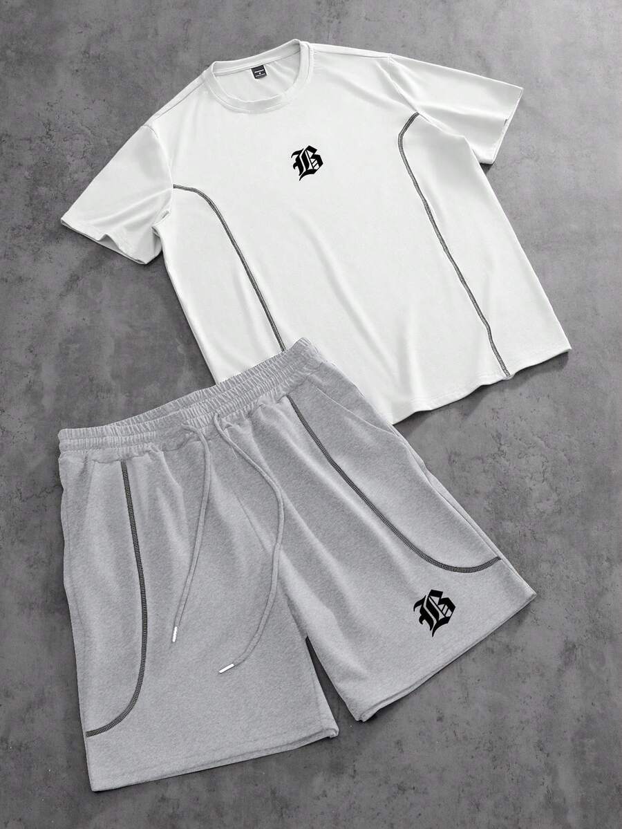 PAVTROS Men's Letter Print Round Neck Short Sleeve T-Shirt And Drawstring Waist Shorts Casual Daily Outfit - Multicolor - View 1