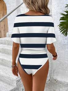 SHEIN LUNE Bộ đồ liền thân tay ngắn họa tiết sọc giản dị dành cho nữ, thích hợp cho kỳ nghỉ hè - Nhiều màu - Xem 2