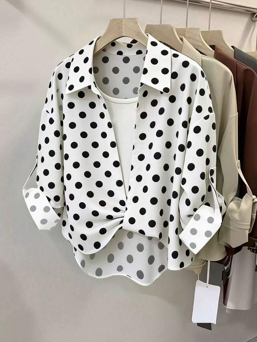 INAWLY 女士波点休闲百搭长袖衬衫，适合日常穿着 - 黑與白 - 查看 1