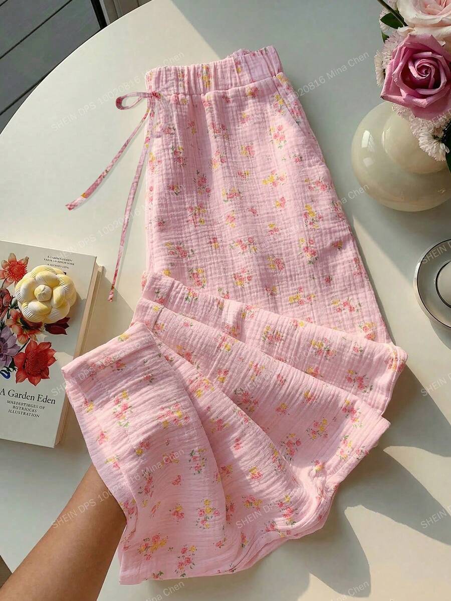 Comfortcana 夏季纯色褶皱纹理面料宽松抽绳腰带休闲度假阔腿裤，大码 - 淺粉色 - 查看 1