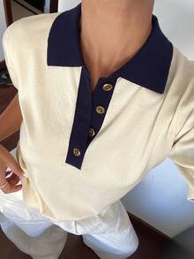 DAZY Women's Patchwork Contrast Color Collared Short Sleeve Casual Vacation Lightweight Knit Top, Summer - White - View 6