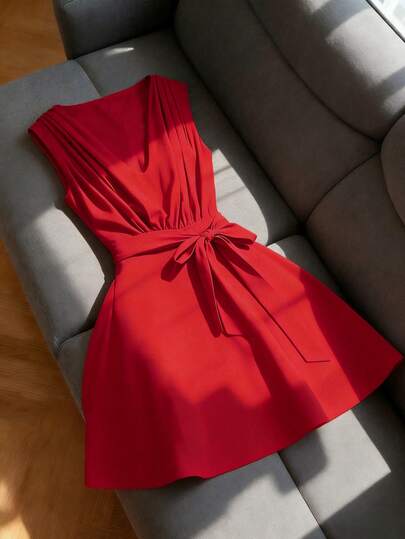 GlowEve CURVE Vestido de mujer talla grande elegante con cuello en V y lazo, corte evasé