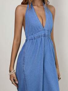 Sunnyshic 女士休闲露背吊带牛仔连体裤 - 藍色 - 查看 7