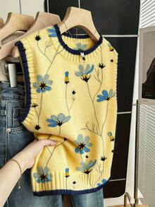 EMERY ROSE Plus Size Women's Yellow Autumn Cute School Back-To-School Fashionable Minimalist Casual Color-Blocked Trim Print Crew Neck Sweater Vest Outfits Fall - Yellow - View 1