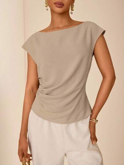 Vesra 女士休闲百搭纯色褶皱衬衫，夏季