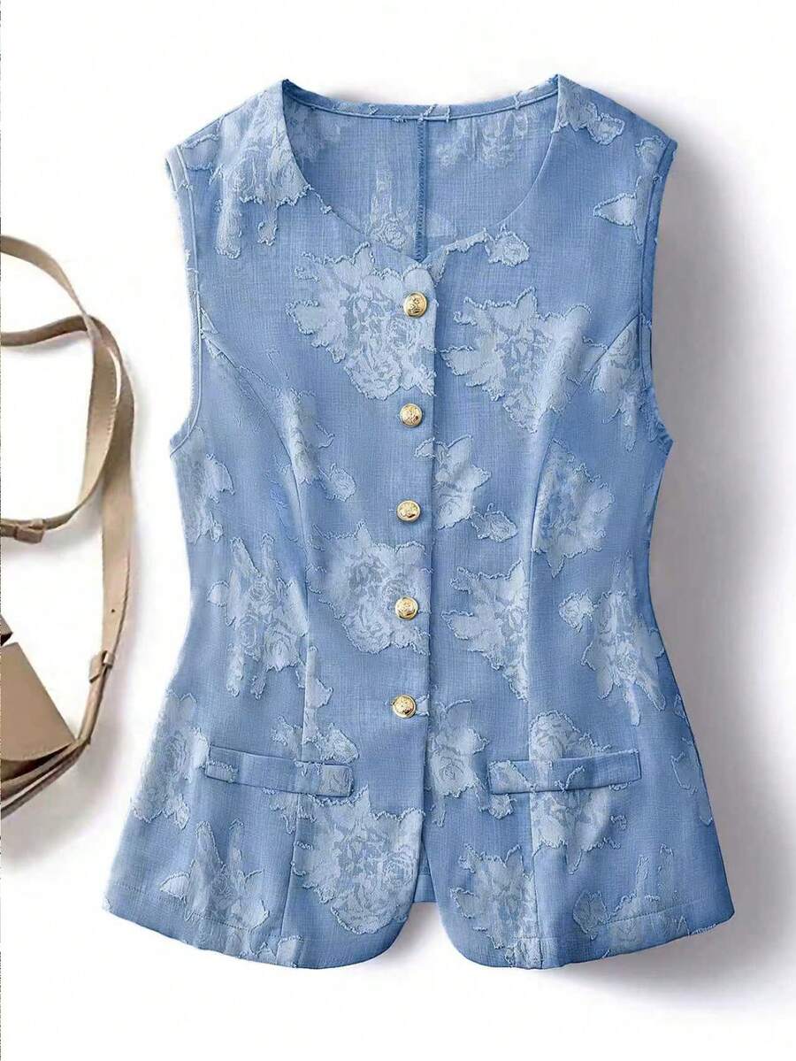 GlowEve CURVE Áo vest nữ cỡ lớn, kiểu dáng thường ngày, màu xanh nhạt, chất liệu vải có họa tiết, khóa kim loại, thích hợp cho đầu mùa xuân. - Màu xanh lam - Xem 1