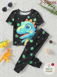 Bộ đồ cho bé trai sơ sinh/trẻ nhỏ: Áo tay ngắn và quần ngắn tay, chất liệu co giãn, màu đen, in hình khủng long và ngôi sao, phát sáng trong bóng tối. - màu đen - Xem 1