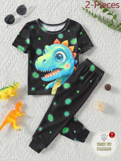 Bộ đồ cho bé trai sơ sinh/trẻ nhỏ: Áo tay ngắn và quần ngắn tay, chất liệu co giãn, màu đen, in hình khủng long và ngôi sao, phát sáng trong bóng tối.