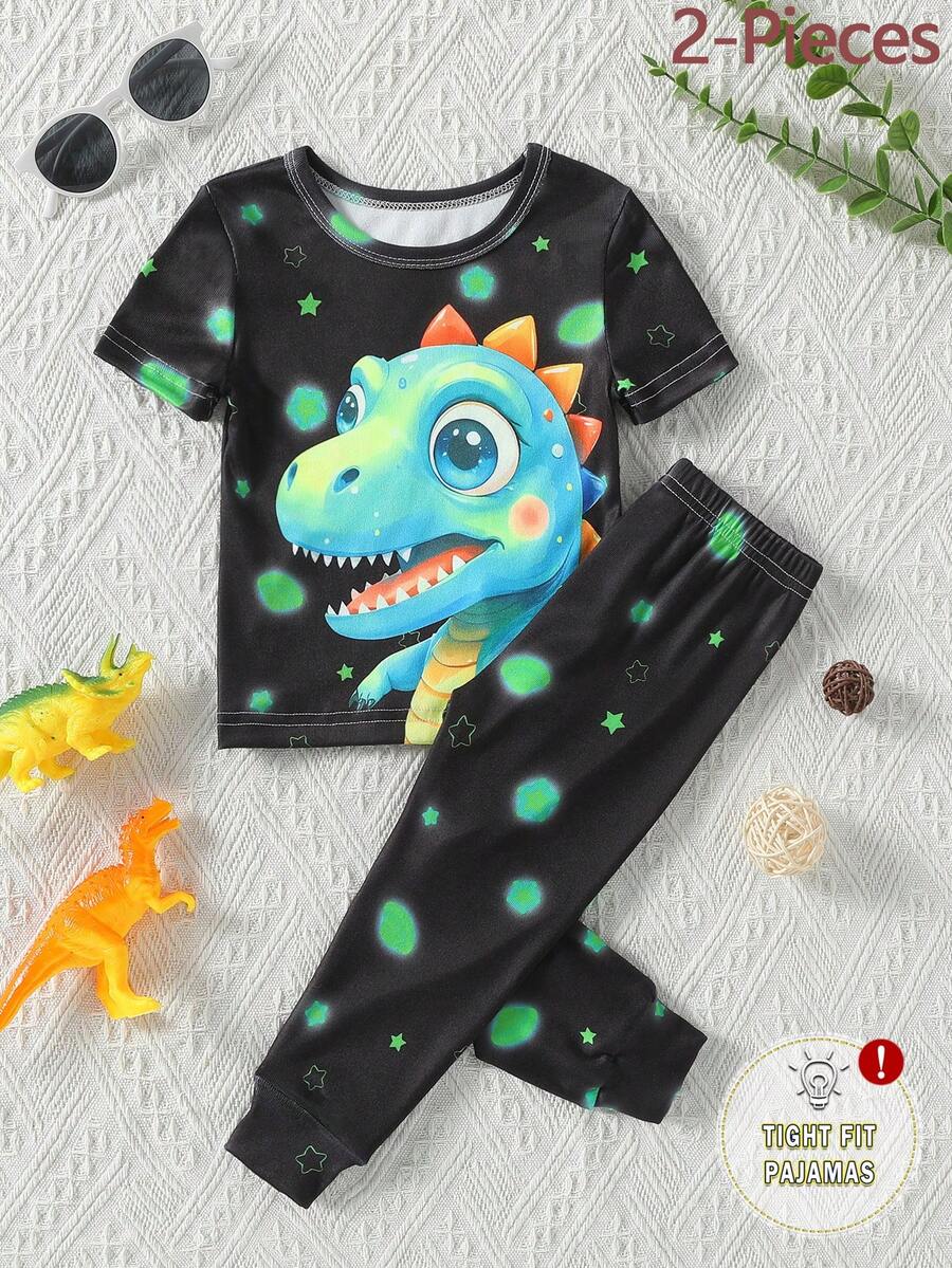 Bộ đồ cho bé trai sơ sinh/trẻ nhỏ: Áo tay ngắn và quần ngắn tay, chất liệu co giãn, màu đen, in hình khủng long và ngôi sao, phát sáng trong bóng tối. - màu đen - Xem 1