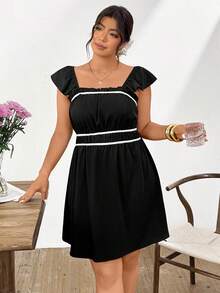 Lounesse Vestido casual de vacaciones para mujer talla grande en blanco y negro con cintura ceñida y mangas volantes, lindo vestido de verano para picnic de damas - Blanco y Negro - Ver 8