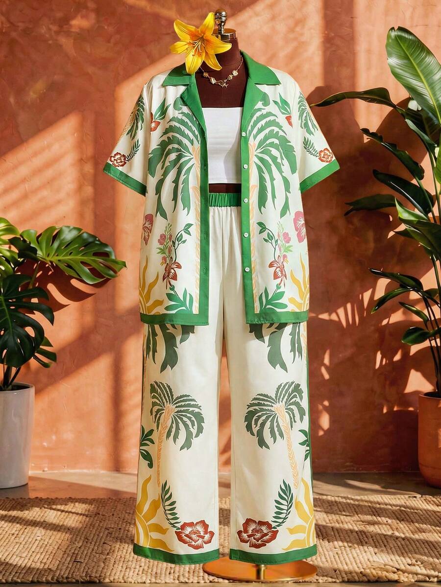 SHEIN CURVE+ Kích cỡ US22 (dành cho người có thân hình đầy đặn) Trang phục dự tiệc âm nhạc, kỳ nghỉ biển, phong cách Bohemia dành cho nữ. Áo cardigan tay ngắn cài cúc đơn và quần ống rộng. Bộ đồ 2 mảnh thoải mái cho kỳ nghỉ. Trang phục đi nghỉ mát dành cho nữ, bộ đồ đi nghỉ mát cho người có thân hình đầy đặn, trang phục mùa hè cho người có thân hình đầy đặn cỡ lớn. - Nhiều màu - Xem 1