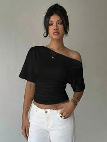 Aloruh Asymmetric Shoulder Loose Top With Cinched Waist, Minimalist Basic T-Shirt,Summer Top - Black - View 6