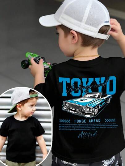 男婴新款 SS26 时尚休闲可爱汽车图案柔软短袖上衣，柔软舒适，男童服装，男童衬衫，春夏款，幼儿套装，夏季舒适休闲装，夏季套装，户外，摄影，室内，假日，礼物