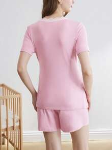 BloomMama Pregnant Women's Contrast Color Lace Trim Wrap Top And Shorts Pajama Set - Pink - View 3