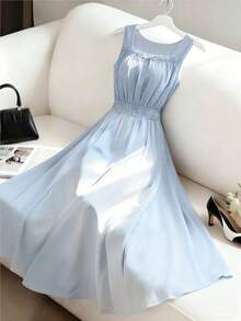 GlowEve 法式蓝色腰部设计方领吊带A字连衣裙，女士夏季度假飘逸连衣裙 - 藍色 - 查看 3