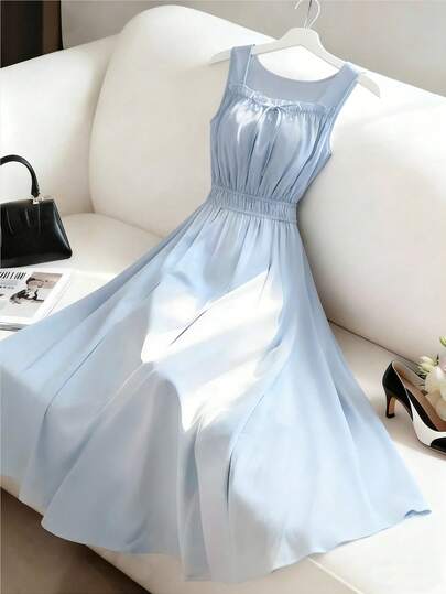 GlowEve 法式蓝色腰部设计方领吊带A字连衣裙，女士夏季度假飘逸连衣裙