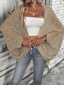 SHEIN LUNE Cardigan Kasual Longgar Lengan Kelelawar Berongga Warna Polos untuk Wanita - Khaki - View 3