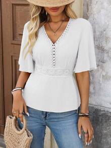 SHEIN LUNE 女士蕾丝拼接腰部度假衬衫 - 白色 - 查看 7