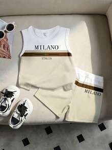 Set de 2 piezas de ropa para bebé niño, top de tirantes con estampado de rayas y letras combinado con shorts con estampado de rayas, adecuado para salidas de verano - Multicolor - Ver 3