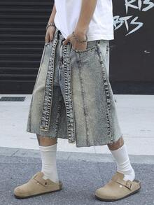 Manfinity EMRG Men's Light Blue Distressed Waist Belt Casual Wide Leg Denim Shorts - Light Wash - View 3