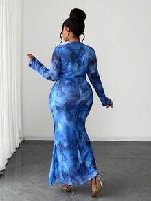 Maweii Plus Size Women Navy Blue Autumn Elegant Celestial Sexy 2 Pieces Set Knitted Net Tie Long Sleeve Asymmetric Hem Blouse Mermaid Skirt Outfit Wedding - Dusty Blue - View 3