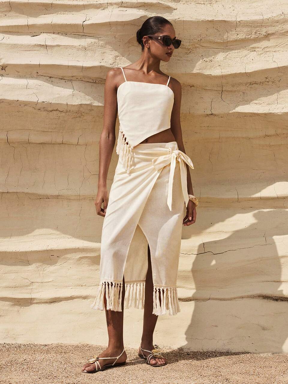 SHEIN Maija Women's Beige Tassel Decor Tie Backless Camisole Top, Boho Summer Vacation Holiday Beach Top, Greece Resort Wear Spring Casual