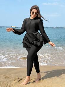 Swim Shayni 大码女式纯色荷叶边长袖长裤比基尼套装 - 黑色 - 查看 4