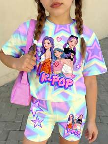 Young Girls Basic Short Sleeve Printed T-Shirt, Light Purple - Multicolor - View 5