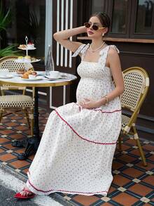 Momance Women's Long Ditsy Floral Spaghetti Strap Tie Bow Elegant Maternity Dress - Apricot - View 3