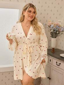 CottageSlumber Cherry Print Ruffle Splice Romantic Plus Size Robe - Apricot - View 1