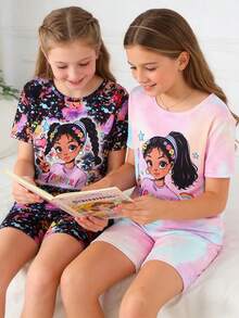 女童可爱扎染印花休闲短袖短裤睡衣套装，连体家居服 - 彩色 - 查看 8