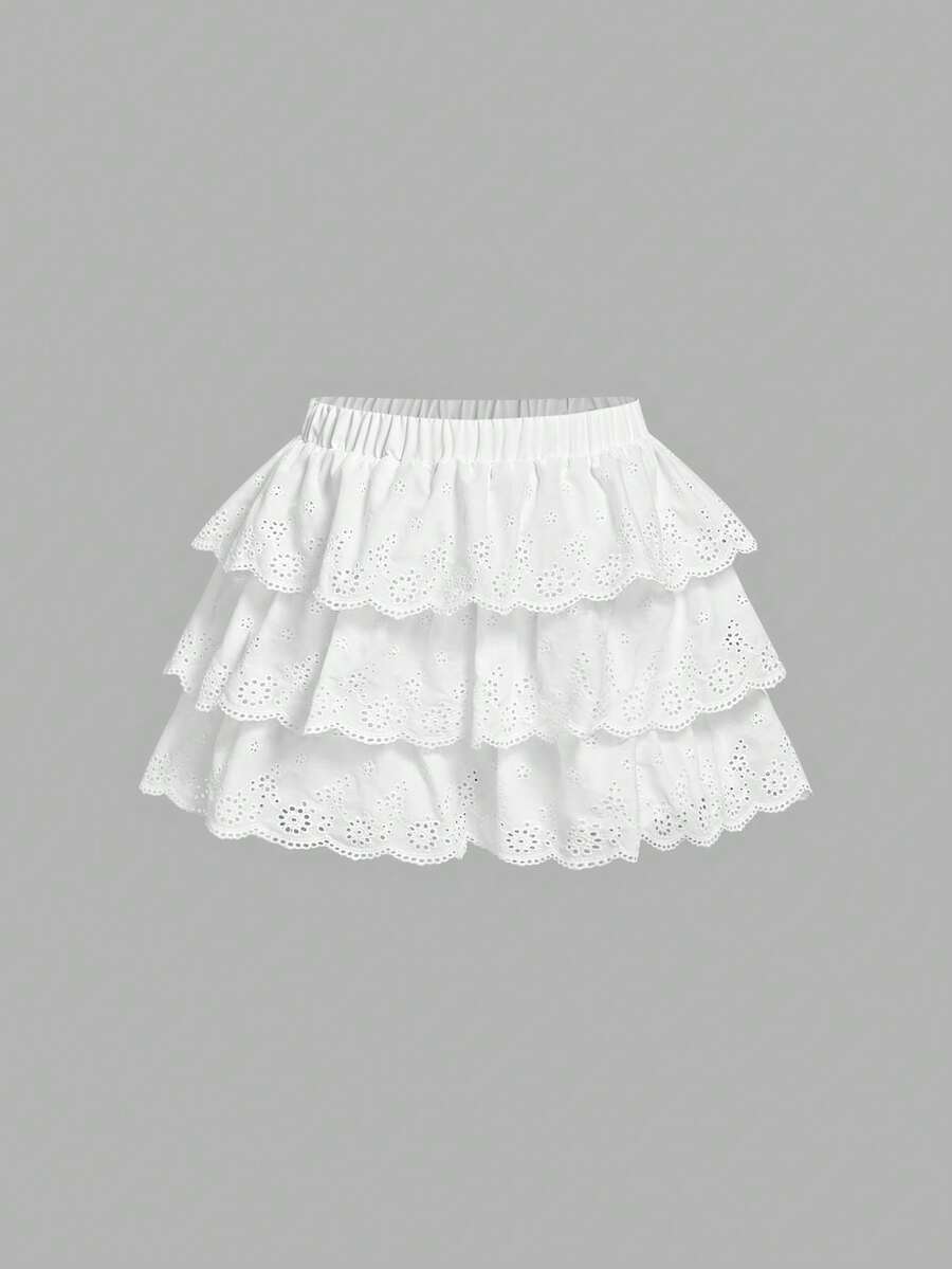 SHEIN MOD 夏季大码女式白色层叠荷叶边短裙，饰有镂空刺绣和松紧腰带