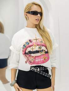 Bela Noronha Camiseta holgada con gráficos de hip-hop para salir de mujer, ropa de calle de verano - Blanco - Ver 3