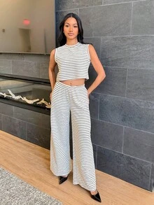 Natali Santanap 女士两件套条纹背心和裤子，休闲 - 黑與白 - 查看 6