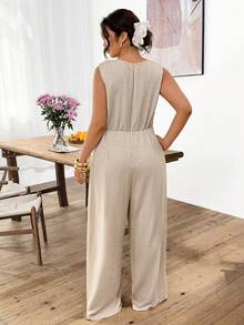 Lounesse Plus Size Women's Hooded Jumpsuit With Side Metal Buckle, Apricot Color Work Outfits Women Work From Home Outfits Spring/Summer Casual Vacation Jumpsuit For Women - Apricot - View 2