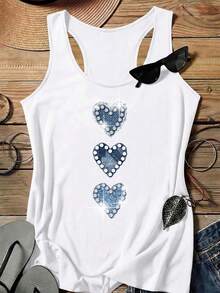 EMERY ROSE Camiseta sin mangas minimalista casual con cristal con forma de corazón, adecuada para el verano, tallas grandes - Blanco - Ver 3