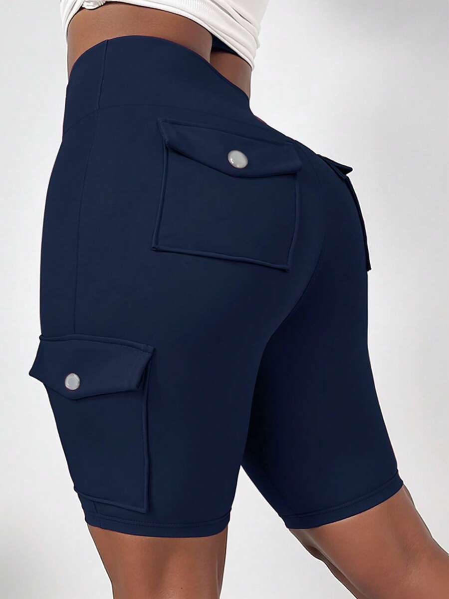 SHEIN LUNE Plus Size High Waist Fold-Over Cargo Running Shorts With Pockets, Tummy Control & Butt Lifting - Navy Blue - View 1