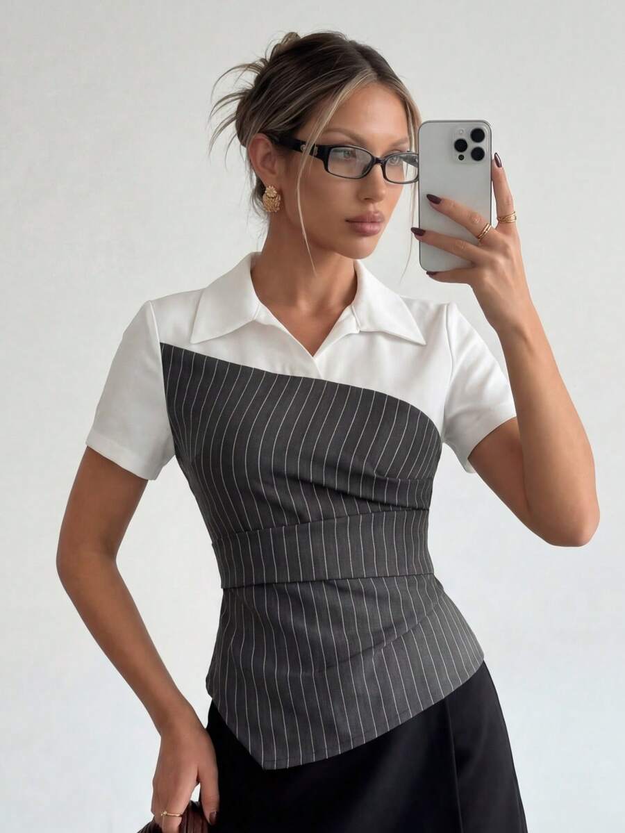 Ritzy Row Raffinéa Fashionable Striped Patchwork Solid Color Commuter Short Sleeve Blouse For Women - Grey - View 1