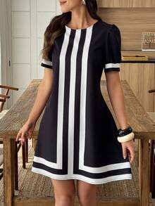 Louniche Women's Casual Vacation Round Neck Petal Sleeve A-Line Short Dress, Spring/Summer - Black and White - View 1