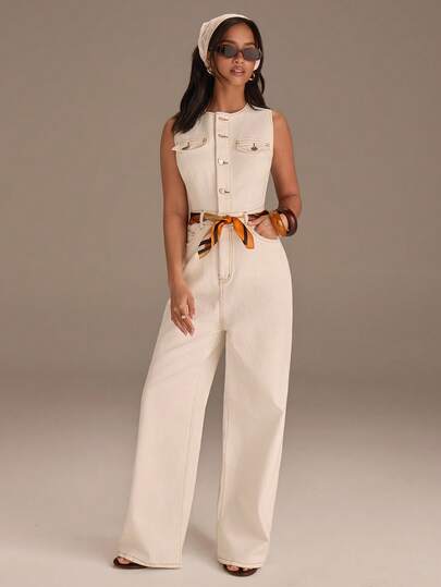 Athîral Women's Summer Casual Button-Up Half-Placket Solid Color Denim Jumpsuit