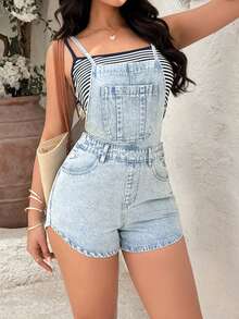 Rivivi 时尚休闲浅色水洗牛仔背带裤 - 淺色水洗藍 - 查看 7