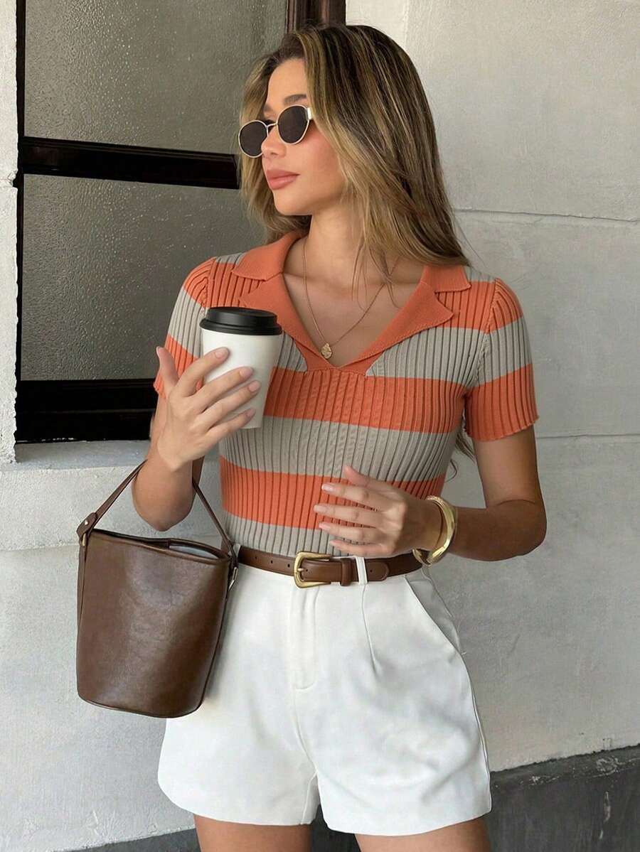 Pariaura Contrast Stripe Polo Collar Knit Top, French Street Style Short Sleeve Blouse For Summer - Burnt Orange - View 1