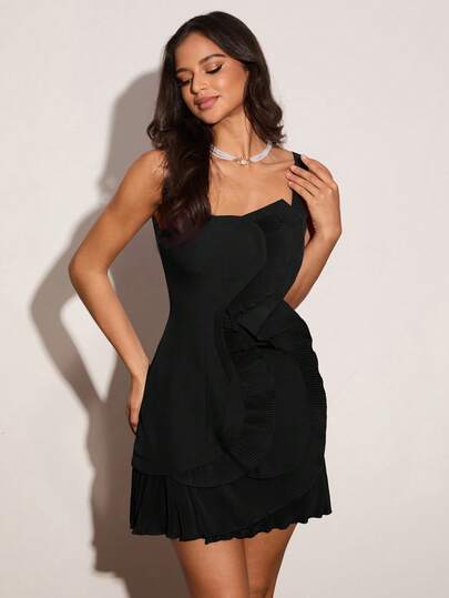 Enchnt Spring/Summer Romantic Women's Black Ruffle Trim Square Collar Sleeveless Mini Dress,Chic&Elegant For Fashion Party&Birthday&Formal,Sexy Dress,Black Dress,Spring Dresses For Women,Summer Dress,Ruffle Dress,Party Dress