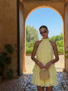 Aloruh 女士优雅浪漫3D立体花卉装饰荷叶边宽松迷你连衣裙 - 淡黃色 - 查看 4