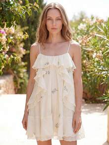 Đầm ngắn nữ màu mơ thêu bèo nhún, đầm hai dây không tay, đầm đi nghỉ mát. - Màu be - Xem 4