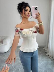 SHEIN Elenzya 优雅女士玫瑰花卉网纱拼接露肩上衣，适合情人节、约会、日常穿着、度假、春夏穿着 - 杏色 - 查看 7