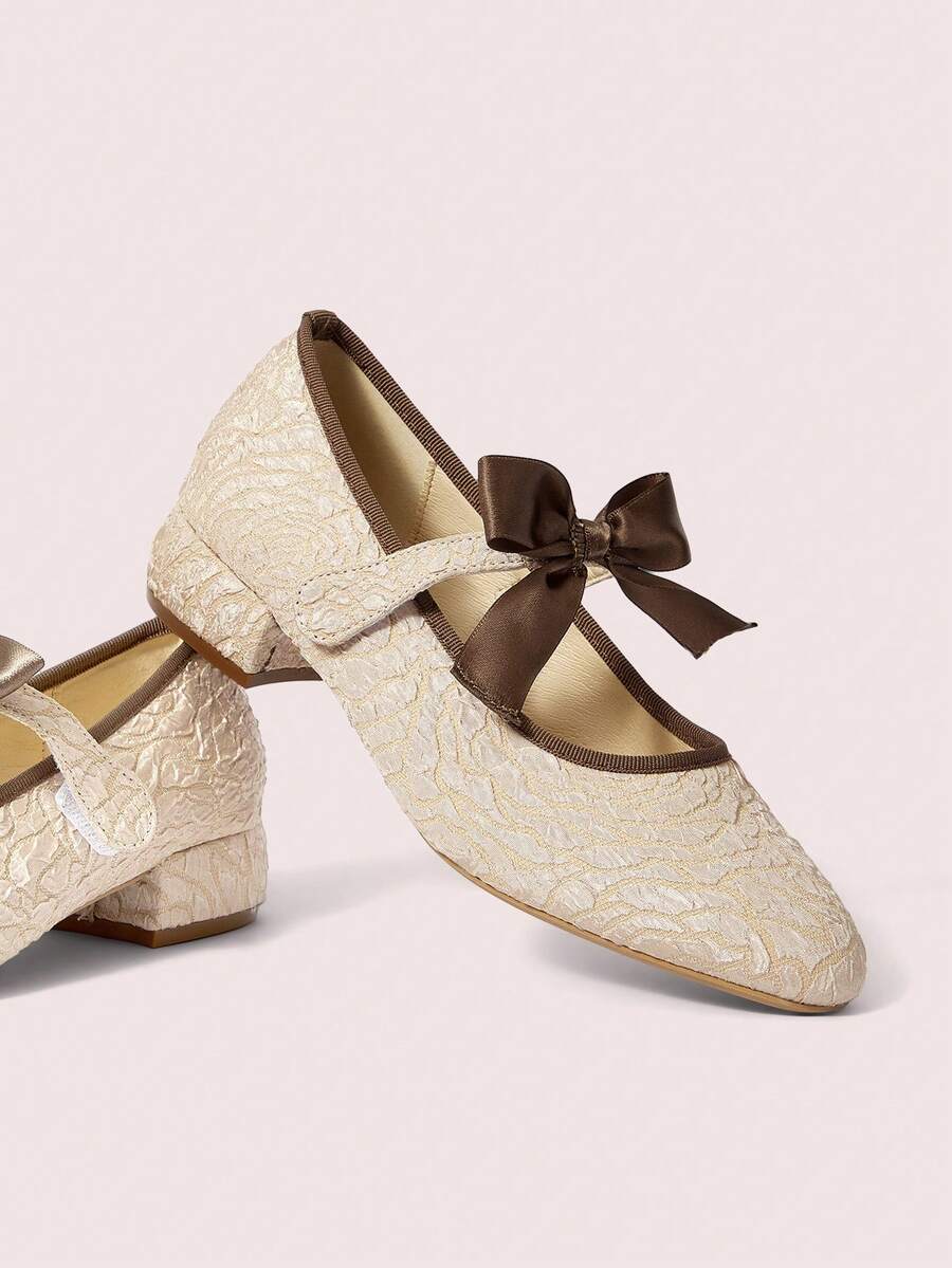 CUCCOO DOLLMOD Giày nữ mũi tròn, chất liệu màu mơ, kiểu dáng ballet, thanh lịch và ngọt ngào, gót dày, trang trí nơ, kiểu giày Mary Jane. - Màu be - Xem 1