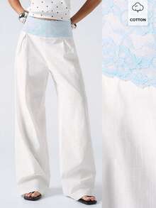 LYSMO 女士时尚通勤蕾丝拼接阔腿裤 - 白色 - 查看 7