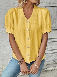 Breezaya Summer Casual Solid Color Lace Collar Puff Sleeve Blouse - Light Yellow - View 6