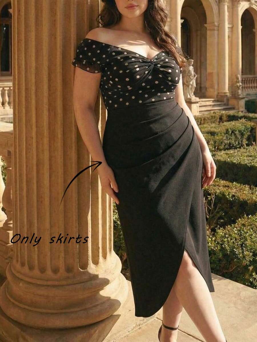 SHEIN MOD Plus Size Women Pleated Solid Color Split Hem Elegant Skirt